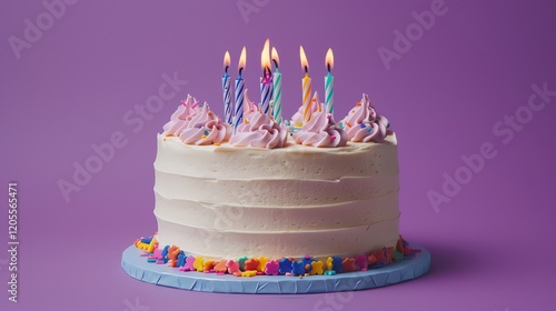 A birthday cake with colorful candles and sprinkles on a purple background. photo