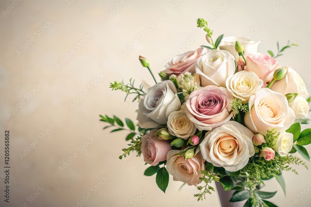A Delicate Arrangement of Pastel Roses and Greenery, Perfect for a Romantic Celebration or Special Occasion A Delicate Arrangement of Pastel Roses and Greenery, Perfect for a Romantic Celebration or Special Occasion
