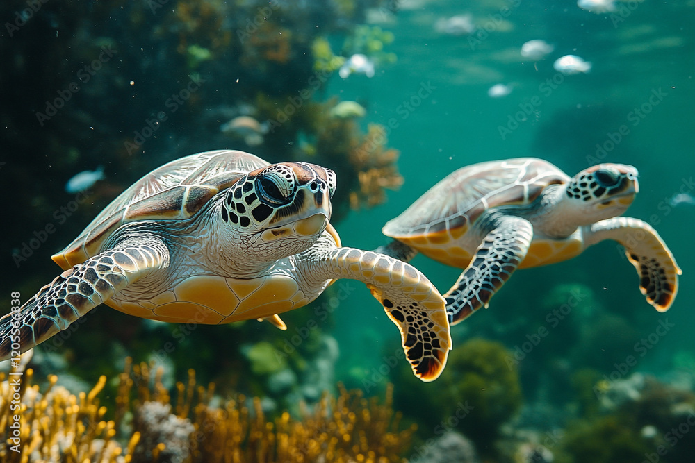 Fototapeta premium Two sea turtles swim gracefully in a coral reef