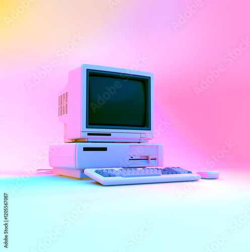 Retro Desktop PC with Empty Screen in Pastel Neon Lighting. 3D Rendering.
