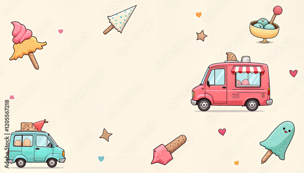 Naklejka premium Playful ice cream trucks and treats pattern on soft background for cheerful designs