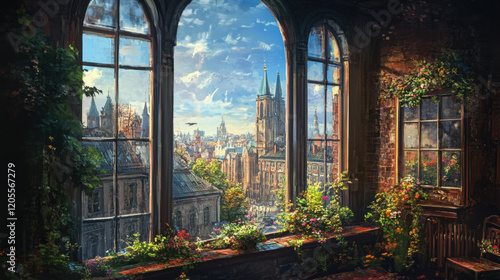 Wallpaper Mural Painting drawing City window views urban window views scenery landscape interior inspiration backdrop wallpaper Torontodigital.ca