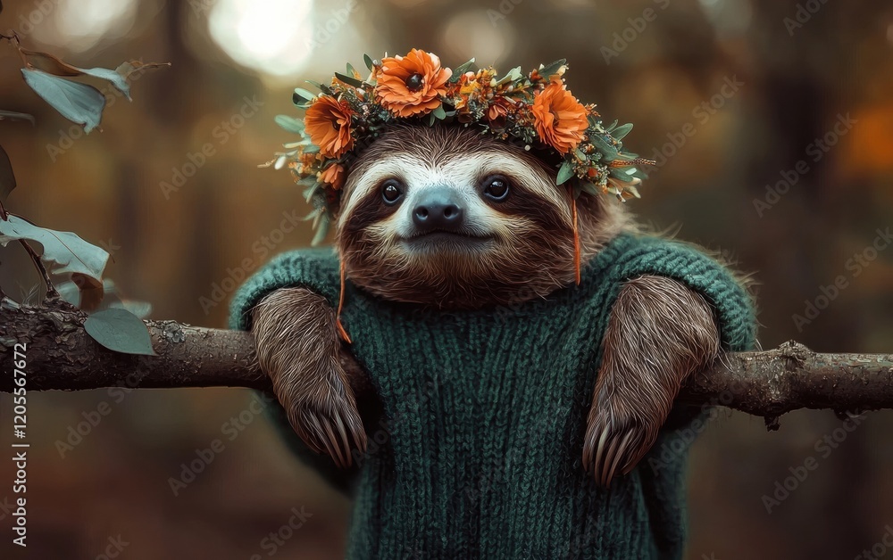 Fototapeta premium A calm sloth in a green sweater and a flower crown, hanging from a branch with a sunrise forest background