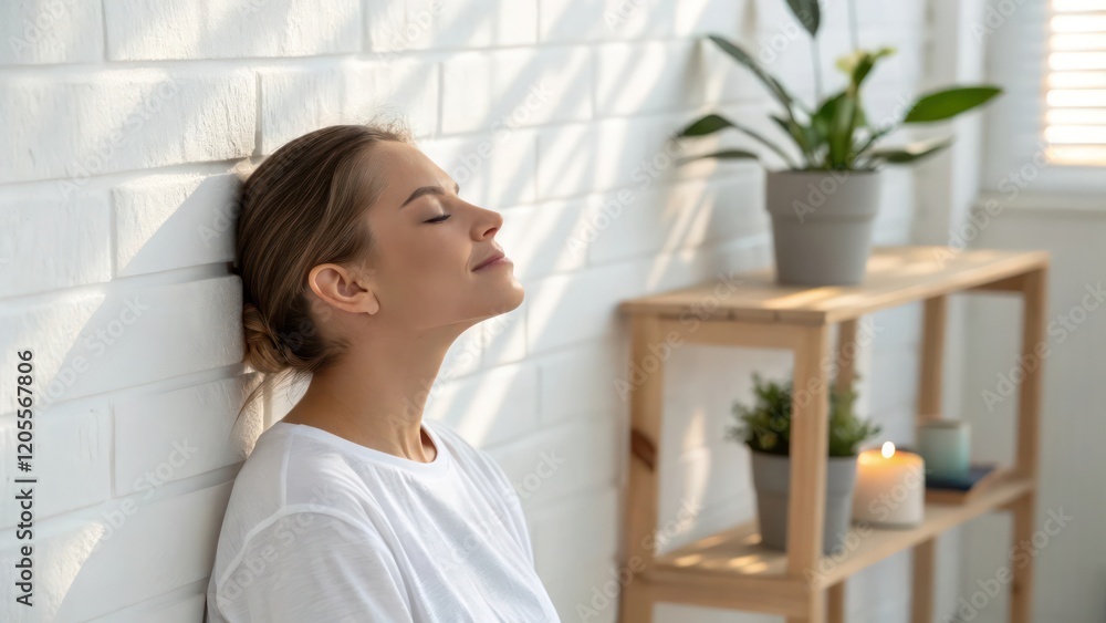 Young Woman Meditating Peacefully in Minimalist Living Space Young Woman Meditating Peacefully in Minimalist Living Space