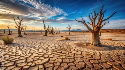 Sun-Drenched Desolate Landscape Featuring Dead Trees and Cracked Earth Under a Vibrant Sky