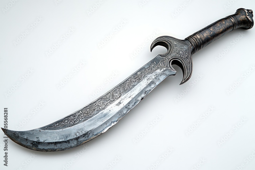 Ornate, curved, metal dagger; ancient design. Ornate, curved, metal dagger; ancient design.