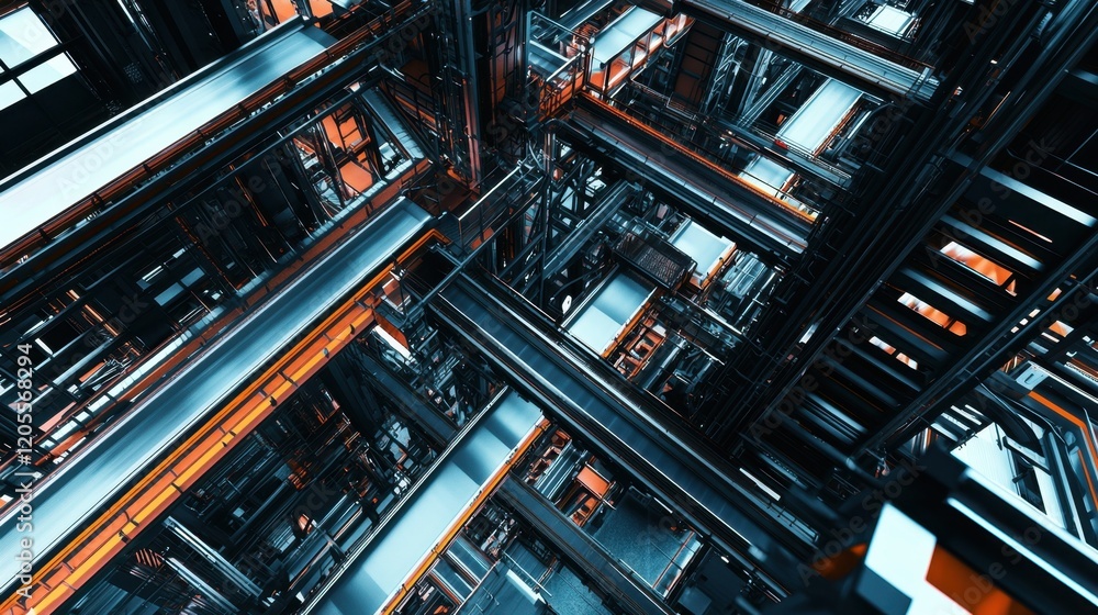 An elaborate network of metallic beams and panels creates a complex three-dimensional structure. Bright orange elements contrast with sleek blue surfaces, showcasing advanced architecture An elaborate network of metallic beams and panels creates a complex three-dimensional structure. Bright orange elements contrast with sleek blue surfaces, showcasing advanced architecture