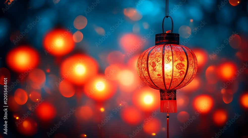 Illuminated Red Lantern Hanging Among Festive Lights Illuminated Red Lantern Hanging Among Festive Lights