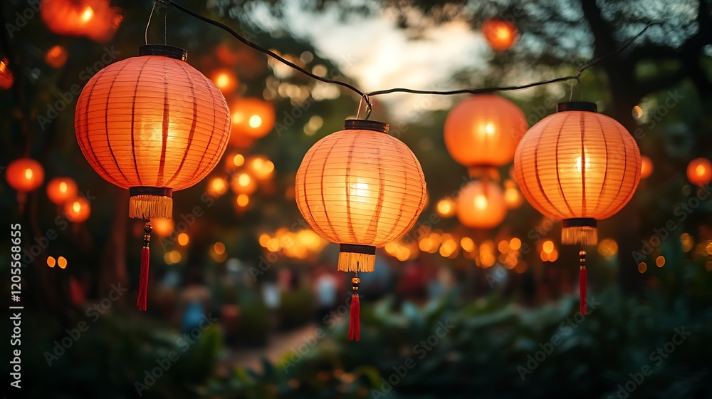 Illuminated Lanterns Hanging Outdoors At Night Illuminated Lanterns Hanging Outdoors At Night