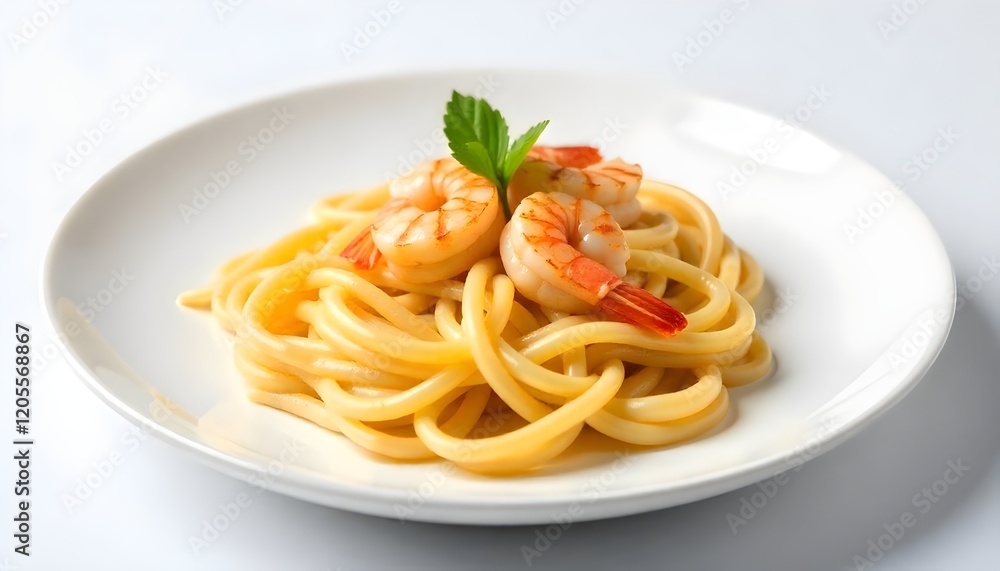 Studio shot of shrimp scampi with linguine on a plain white plate. Classic Mediterranean dish Studio shot of shrimp scampi with linguine on a plain white plate. Classic Mediterranean dish