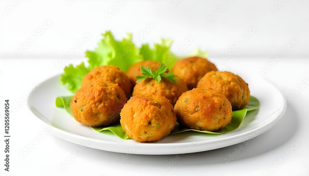 Close-up studio shot of Mediterranean falafel platter on a plain white plate. Fresh herbs and salad accompaniments