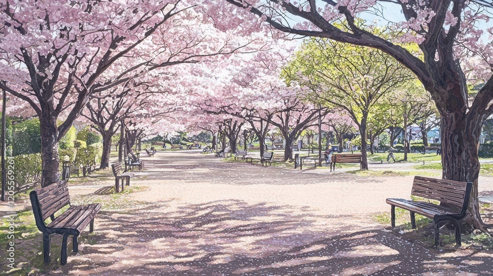 Cherry blossom trees create a canopy of pink petals over a serene park pathway. The sun filters through branches, casting soft shadows on benches and grass Cherry blossom trees create a canopy of pink petals over a serene park pathway. The sun filters through branches, casting soft shadows on benches and grass