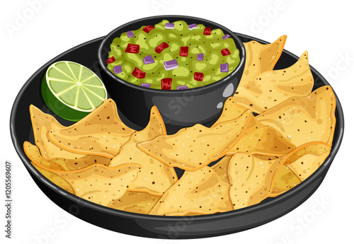 Tortilla Chips with Guacamole Served in Black Ceramic Tray & Bowl with Lime. Authentic Mexican Snacks Illustration