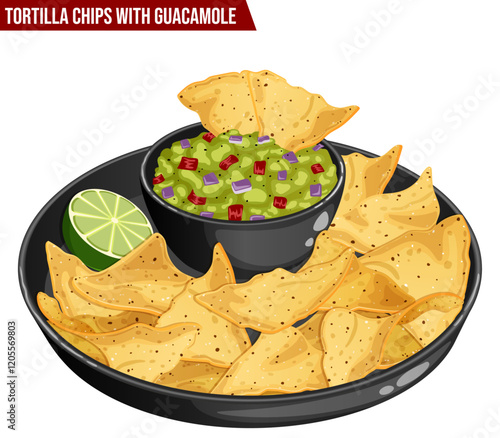 Guacamole Dip with Crispy Tortilla Chips & Lime. Traditional Mexican Party Food Illustration