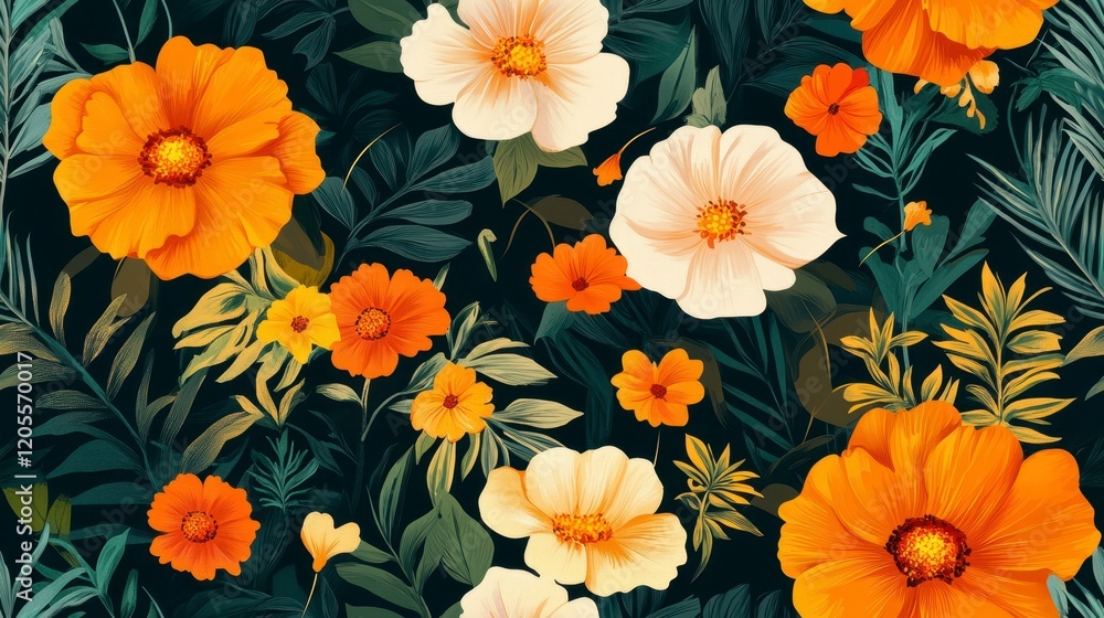 Marigold and Fern Harmony, an intricate design of vibrant marigolds intertwined with lush green ferns for textile and wallpaper applications Marigold and Fern Harmony, an intricate design of vibrant marigolds intertwined with lush green ferns for textile and wallpaper applications