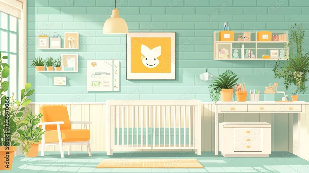 Obraz premium Sunny nursery room with crib, changing table, and plants.