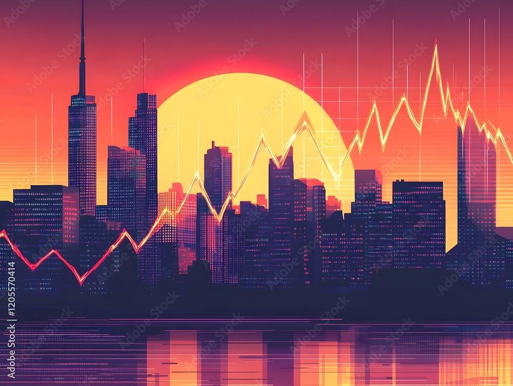 Naklejka premium A vibrant cityscape at sunset, featuring silhouetted skyscrapers against a colorful sky