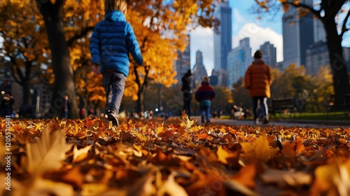 Wallpaper Mural Brightly colored autumn leaves blanket the ground as children walk through a park, enjoying the vibrant scenery and skyline of a bustling city on a sunny afternoon Torontodigital.ca