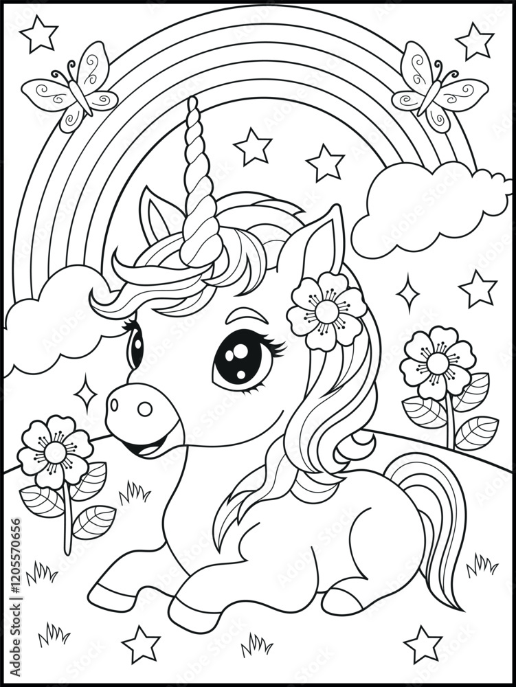 Fototapeta premium Illustration of a cute baby unicorn cartoon character. Black and white Printable Unicorn coloring page for kids.