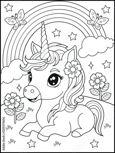 Illustration of a cute baby unicorn cartoon character. Black and white Printable Unicorn coloring page for kids.