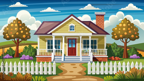 photo realistic image of a ranch-style house with a white picket fence