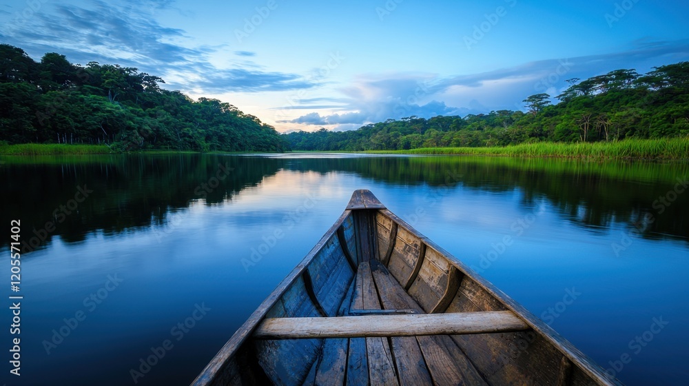 A wooden boat floats quietly on a serene lake, reflecting the sky and surrounding forest. The dusk light creates a peaceful atmosphere in this natural setting A wooden boat floats quietly on a serene lake, reflecting the sky and surrounding forest. The dusk light creates a peaceful atmosphere in this natural setting