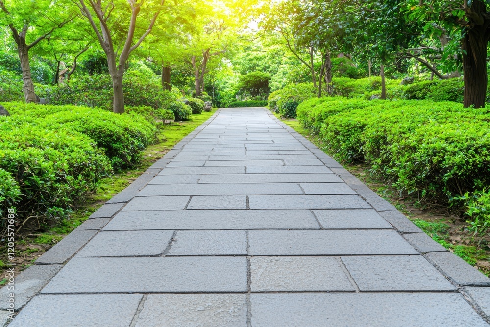 Serene Garden Pathway Surrounded by Lush Green Vegetation and Sunlight Serene Garden Pathway Surrounded by Lush Green Vegetation and Sunlight