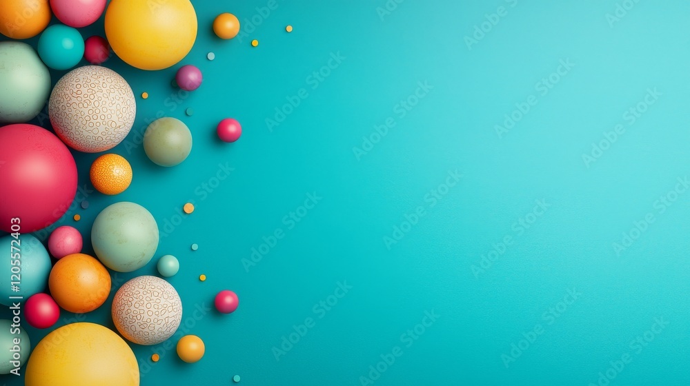 A vibrant arrangement of colorful spheres on a teal background, creating a playful and cheerful aesthetic. A vibrant arrangement of colorful spheres on a teal background, creating a playful and cheerful aesthetic.