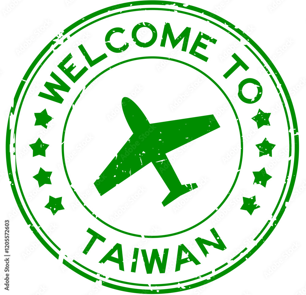 Grunge green welcome to taiwan with airplane icon round rubber seal stamp on white background Grunge green welcome to taiwan with airplane icon round rubber seal stamp on white background
