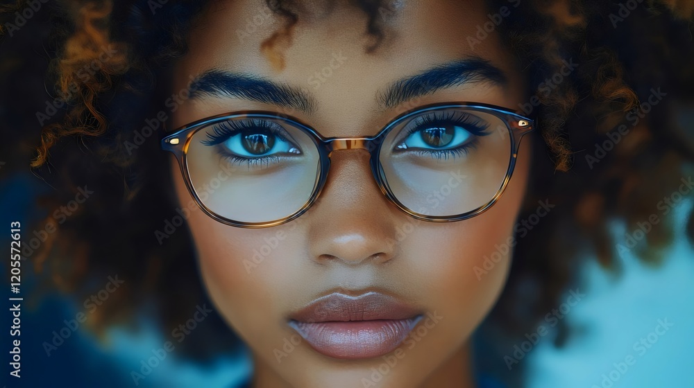 Fototapeta premium A woman with brown hair and brown eyes is wearing glasses