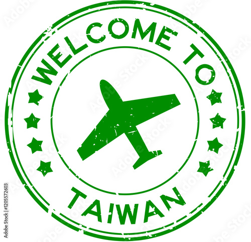 Grunge green welcome to taiwan with airplane icon round rubber seal stamp on white background