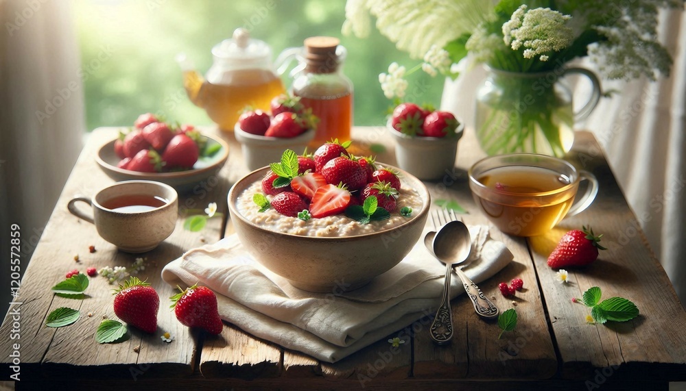 A beautifully styled breakfast scene featuring a bowl of oats topped with fresh strawberries and honey, complemented by a wooden spoon and charming table setting.