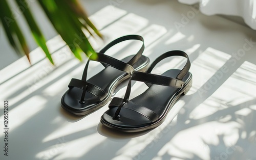 Stylish black gladiator sandals with thin straps and metallic details on a bright white surface photo