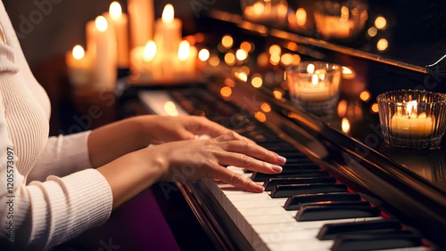 Close-up of hands playing a piano keyboard with burning candles glowing softly in the background. The warm light and serene atmosphere emphasize intimacy, creativity, and musical inspiration.