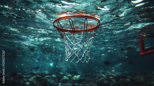A basketball hoop submerged underwater, creating a surreal and dreamlike scene, during a creative concept shoot