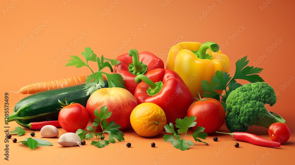 An assortment of fresh produce on a orange background. An assortment of fresh produce on a orange background.