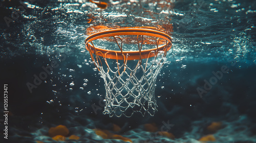 A basketball hoop submerged underwater, creating a surreal and dreamlike scene, during a creative concept shoot