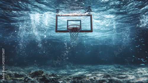 A basketball hoop submerged underwater, creating a surreal and dreamlike scene, during a creative concept shoot