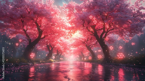 Pink cherry blossom trees, glowing gems, river, fantasy landscape, game background photo