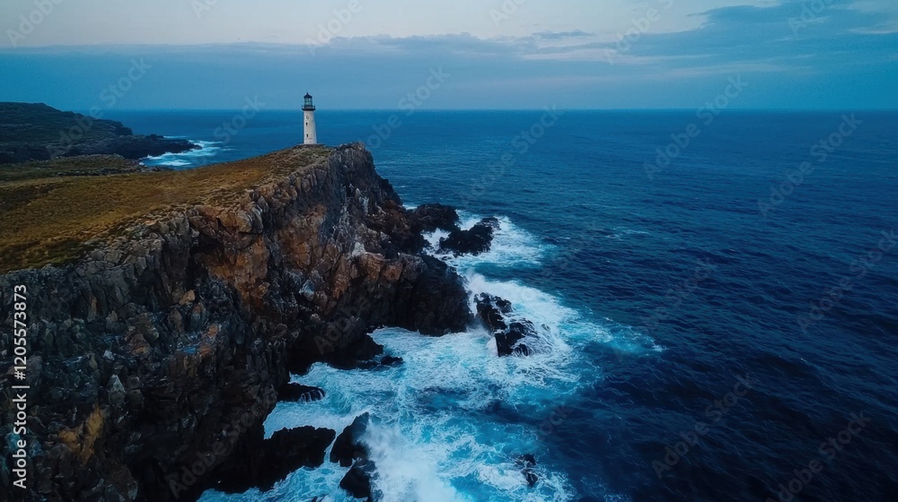 A picturesque lighthouse sits on a rugged cliff, overlooking the turbulent sea. Waves crash against the rocks, creating a striking contrast as twilight descends over the landscape A picturesque lighthouse sits on a rugged cliff, overlooking the turbulent sea. Waves crash against the rocks, creating a striking contrast as twilight descends over the landscape
