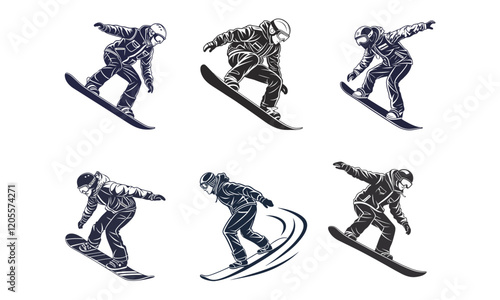 Illustration of Snowboarders Performing Dynamic Stunts and Moves