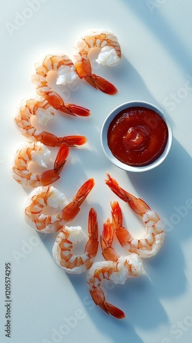 Deveined Cooked Shrimp with Cocktail Sauce on a White Surface photo