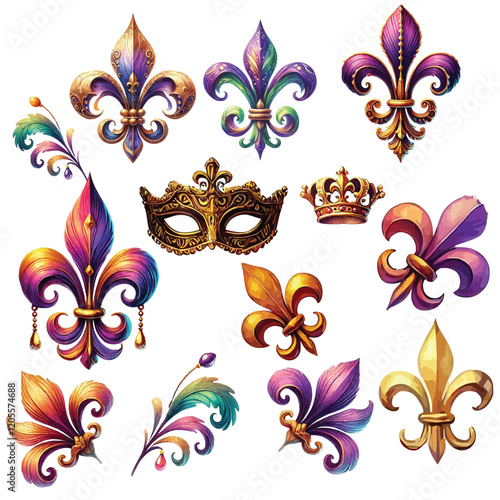 watercolor Mardi Gras Fleur-de-lis vector illustration on a solid white background