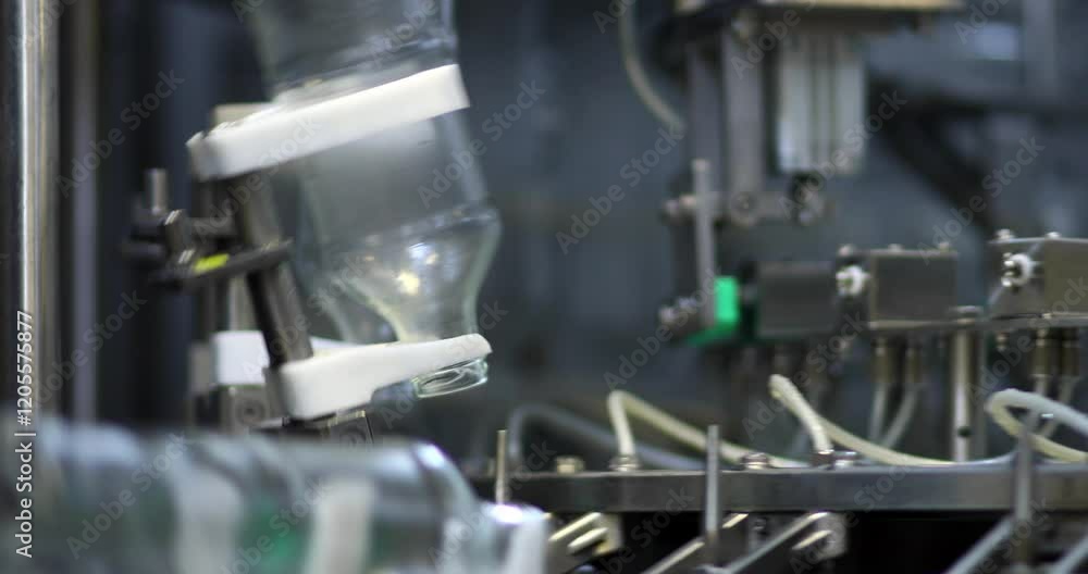 The production and assembly process of glass bottles on an automation line. Mechanical arms and equipment move and process the bottles, showcasing the details of modern manufacturing technology. The production and assembly process of glass bottles on an automation line. Mechanical arms and equipment move and process the bottles, showcasing the details of modern manufacturing technology.