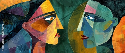 Abstract picture with two faces, made in bright colours. Suitable for design of articles about modern art and psychology. © COK House