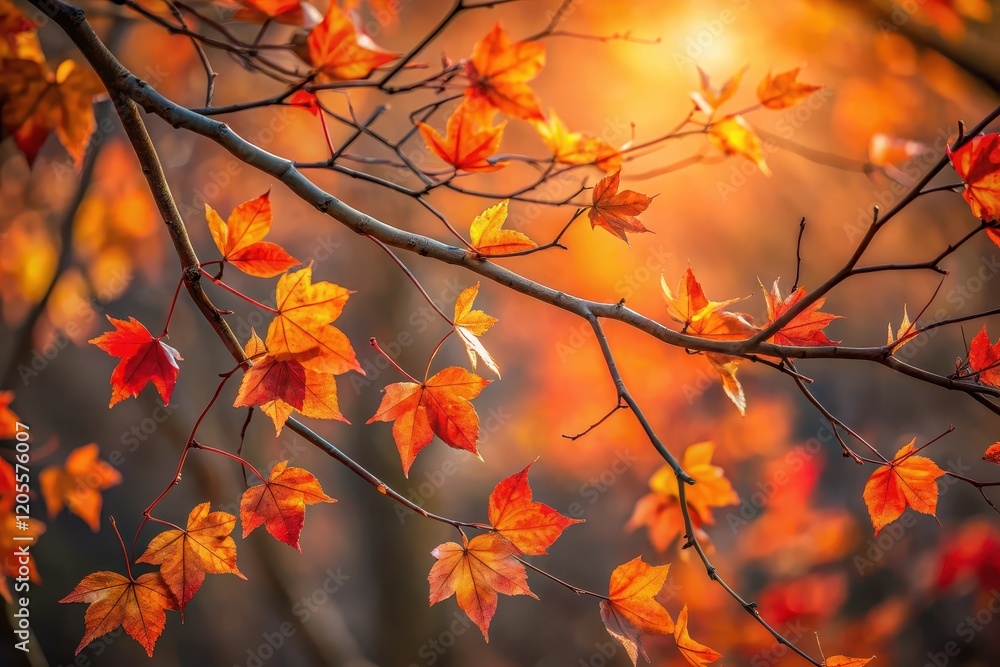 Golden Hour Autumn Leaves on Branch Vibrant Fall Foliage Illuminated by Warm Sunlight Golden Hour Autumn Leaves on Branch Vibrant Fall Foliage Illuminated by Warm Sunlight