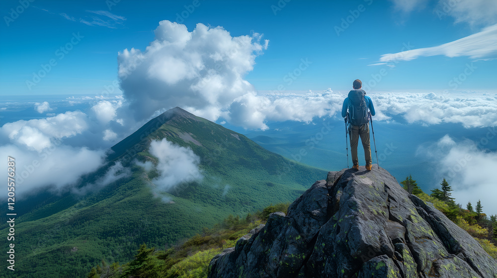 hiker standing on the edge of a mountain, overlooking clouds and mountains below. The sky is blue with white fluffy clouds hiker standing on the edge of a mountain, overlooking clouds and mountains below. The sky is blue with white fluffy clouds
