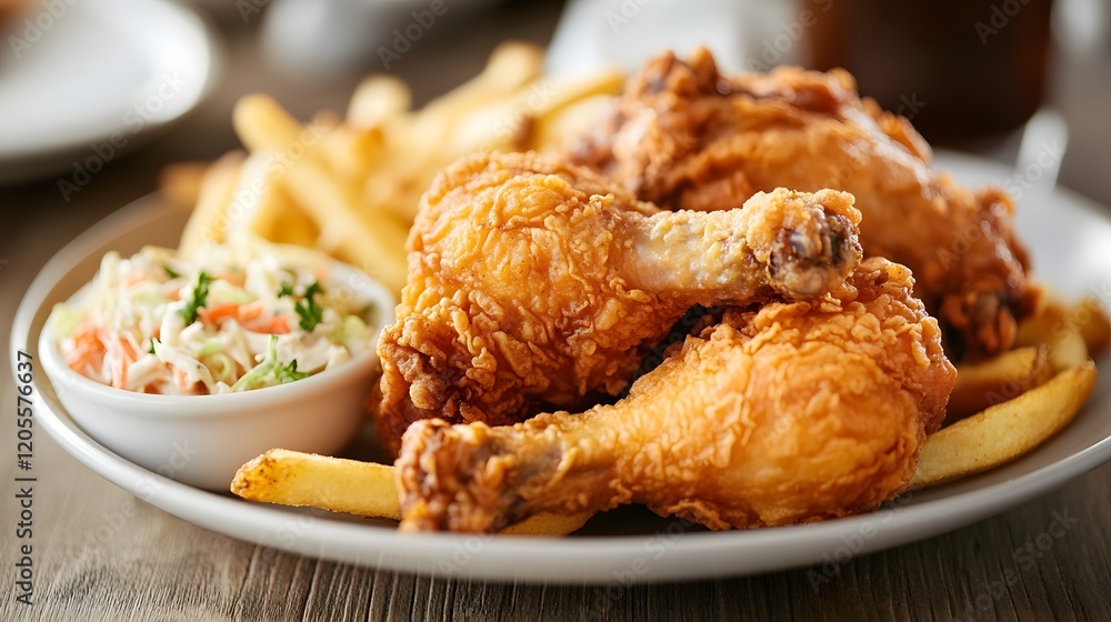 Delicious Fried Chicken Meal with Crispy Fries and Creamy Coleslaw Served in Natural Lighting Delicious Fried Chicken Meal with Crispy Fries and Creamy Coleslaw Served in Natural Lighting