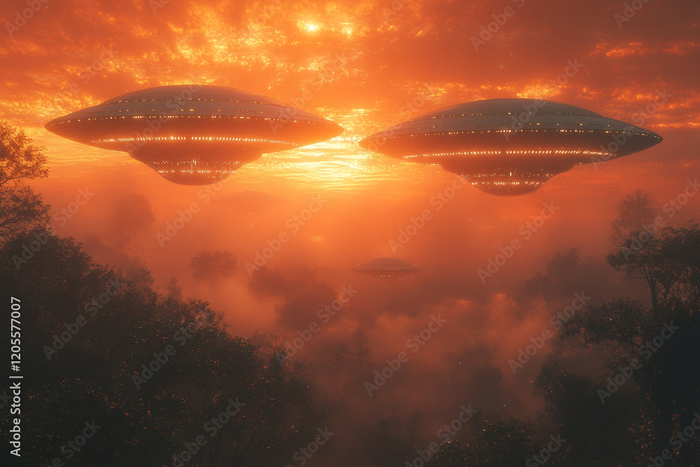 Two Spaceships Hover Over a Misty Forest Sunset Two Spaceships Hover Over a Misty Forest Sunset