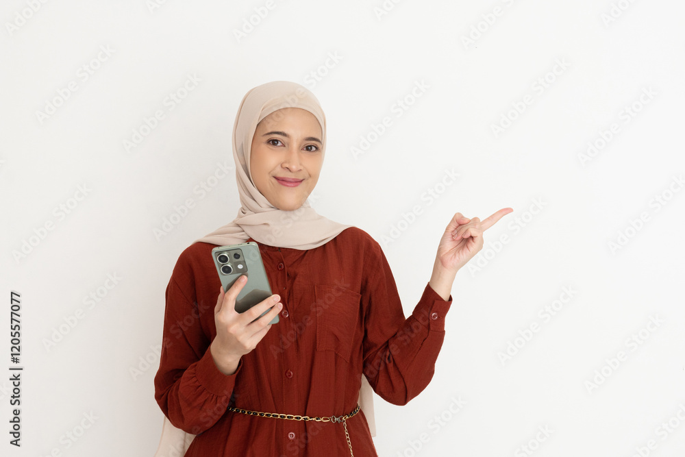 Cheerful woman in a stylish red dress holding a smartphone while gesturing with finger pointing sideway. Cheerful woman in a stylish red dress holding a smartphone while gesturing with finger pointing sideway.